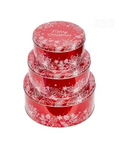 Dekor Deluxe set treh okroglih kovinskih škatlic različnih velikosti z belimi zimskimi božičnimi motivi na rdeči barvi.
