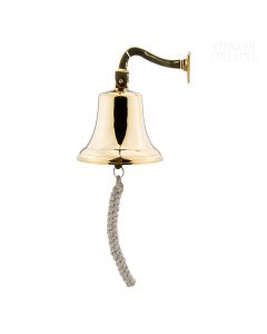 Zlat ladijski zvon iz kovine, visok 20 cm, s pleteno vrvjo za zvonjenje in z dodatkom za pritrditev na steno.