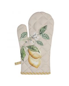 Dekor Deluxe bez umazano bela rokavica za stedilnik in pecico z motivom rumenih limon, zelenega listja in belih cvetov