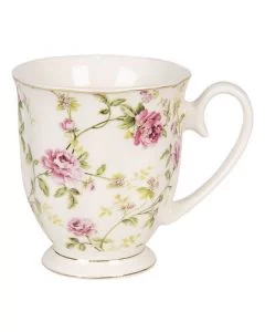 Porcelanska bela skoldelica z rocajem poslikana s pisanimi rozami in zelenimi listi in z zlato obrobo