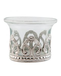 Dekor Deluxe majhen steklen cajni svecnik s spodnjim srebrnim kovinskim spodnjim robom okrasen z ornamenti