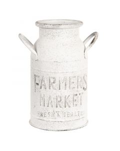 Dekor Deluxe starinska posoda za mleko kangla bele barve z zarjavelo povrsino in napisom Farmers Market