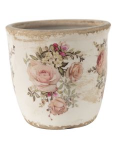 Dekor Deluxe umazano bel keramicni cvetlicni loncek poslikan z vrtnicami in pisanimi rozami in listjem