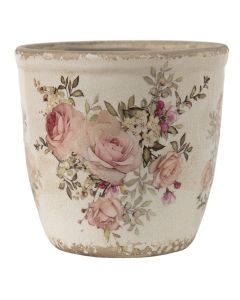 Dekor Deluxe umazano bel keramicni cvetlicni loncek poslikan z vrtnicami in pisanimi rozami in listjem