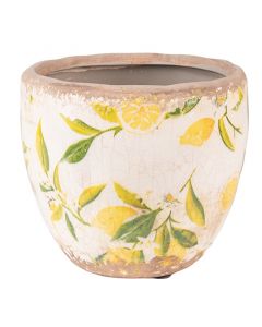 Dekor Deluxe umazano bel  keramicni cvetlicni loncek poslikan z rumenimi limonami in zelenimi list