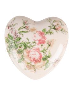Dekor Deluxe starinsko keramicno srce umazano bele barve potiskano z motivi roznatih vrtnic in in zelenih listov