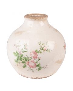 Dekor Deluxe starinska retro okrasna keramicna vaza umazano bele barve poslikana z motivi roznatih vrtnic in zelenega listja