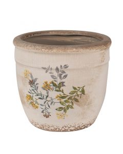 Dekor Deluxe umazano bel  keramicni cvetlicni loncek poslikan z rumenimi cvetovi in zelenimi listi