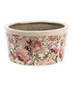 Dekor Deluxe nizek keramicni cvetlicni loncek umazano bele barve poslikani s pisanimi vrtnicami in rozami