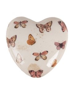 Dekor Deluxe starinsko keramicno srce umazano bele barve potiskano z motivi pisanih metuljev