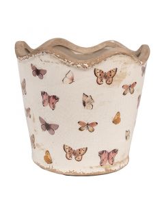 Dekor Deluxe starinski keramicni cvetlicni loncek umazane bele barve z valovitim robom potiskan s pisanimi metuljcki