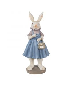 Figura bež velikonočnega zajčka zajkle v modrem krilu s srebrno torbico v roki 