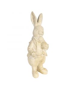 Enobarvna bež figura velikonočnega zajčka  z oblečeno jakno in z jajcem v roki.