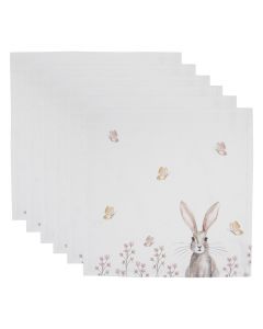 Dekor Deluxe set 6 belih prtickov potiskanih z motivom velikonocnega zajcka in rumenih in vijolicnih metuljev