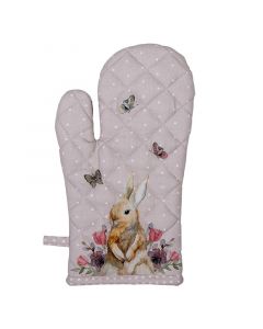 Dekor Deluxe svetlo vijolicna rokavica za stedilnik in pecico potiskana z motivom velikonocnega zajcka, pisanih roz in metuljev.
