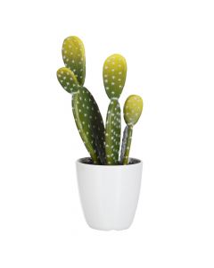 Dekor Deluxe umetna rastlina kaktus s ploščatimi listi zelene barve s konicami iz tekstila v belem cvetličnem lončku iz umetne mase.